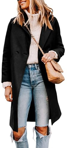 Tanming Women's Notch Lapel Double Breasted Wool Blend Mid Long Pea Trench Coat (Black-M)