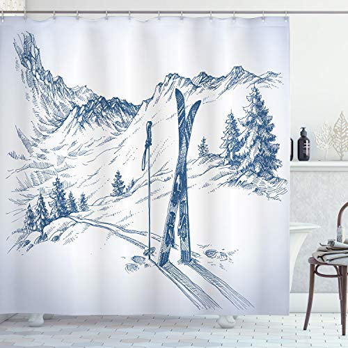 ABAKUHAUS Winter Duschvorhang, Ski Sport Mountain View, Stoffliches Gewebe Badezimmerdekorationsset mit Haken, 175 x 180 cm, Blau Weiss