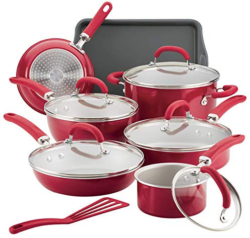 Rachael Ray Create Delicious 12147 Batterie de cuisine antiadhésive en aluminium, rouge scintillant