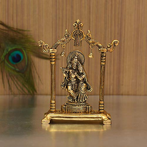 Collectible India Metall vergoldet Radha Krishna Idol Skulptur Statue Figur dekoratives Schaustück für Janmashtami Heimdekoration Tempel und Geschenk (Größe 17,8 x 12,7 cm) (1 Stück)