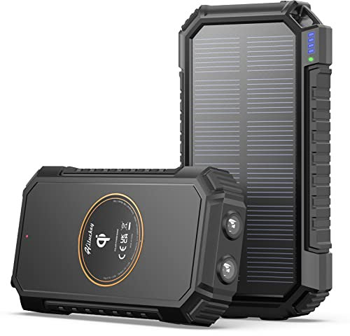 Hiluckey Chargeur Solaire 26800mAh, 4 Sorties Power Bank USB C Batterie Externe Portable avec Lampe Poche LED pour Smartphones, Tablette, Outdoor Camping (Noir)