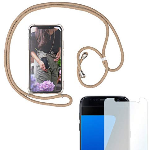 Eximmobile Handykette + Folie Schutzhülle kompatibel mit Samsung Galaxy A40 (2019) Handy Hülle mit Band Seil Beige Schnur Case zum Umhängen Handytasche Umhängehülle Kette Kordel Silikoncase Tragen