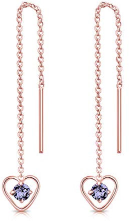DTPsilver® Durch Ohrringe ziehen 925 Sterling Silber Rosen-Gold überzogen mit Baumelnde Herz und 3 mm runden Swarovski® Elements Kristall - Länge 68 mm - Farbe : Tansanit