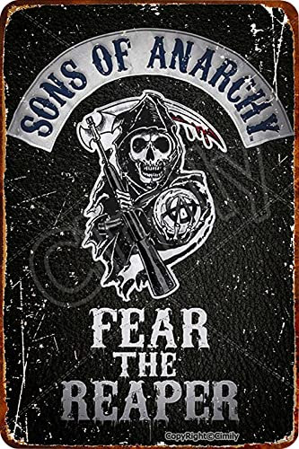 Cimily Sons of Anarchy Fear The Reaper Zinn Retro Zeichen Vintage Poster Plakette Wanddekoration für Bar Cafe Garten Schlafzimmer Büro Hotel 20X30 cm