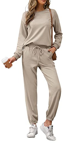 REORIA Womens Long Sleeve Crewneck Solid Color Two Piece Outfit Hoodie Jogger Tracksuit Set Sweatshirt & Sweatpants Khaki S