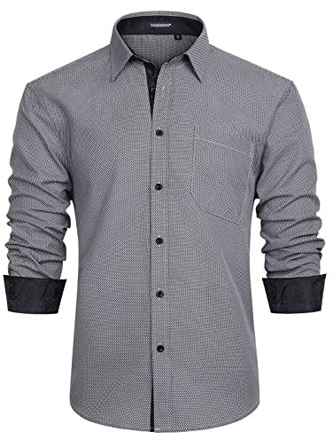 HISDERN Dress Shirts Long Sleeve Mens Grey Shirts Button Down Regular Fit Work Formal Business Wedding Casual Houndstooth Shirts for Men Adult,Gray,L