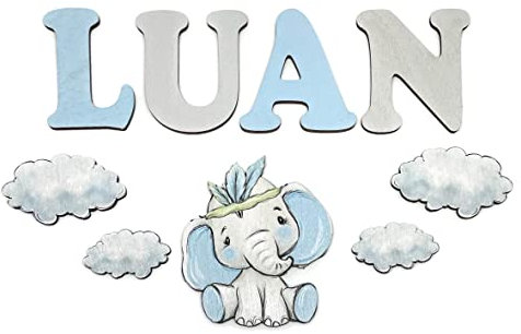 Personalisierte Kinderzimmer Dekoration, Holzbuchstaben wahlweise mit Elefant und Wolken, Grau und Blau, inkl. Klebepunkte