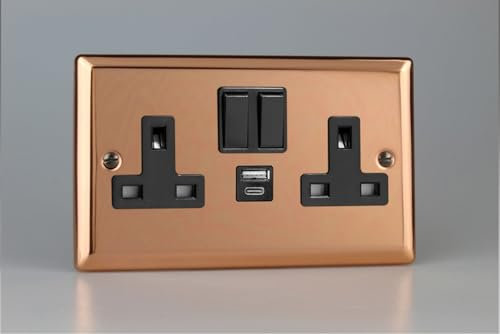 Varilight Polished Copper 2-Gang 13A Single Pole Switched Socket with 1x USB A & 1x USB C Charging Ports with Black Inserts