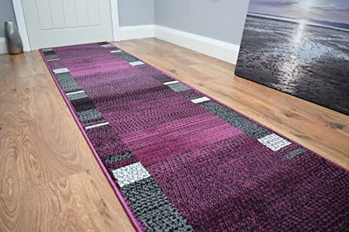 SrS Rugs® Luna Collection, Modern Long Carpet Runner Rug for Entrance Hall and Stairs. Smooth Soft 8mm Depth Pile. 70cm Wide. Any length (Purple Borders, Length: 3' (91cm))