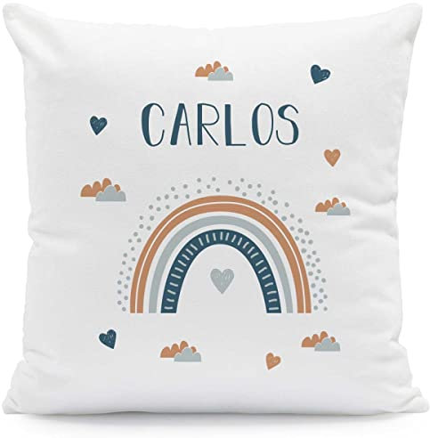 GRAVURZEILE Kissen mit Motiv - Regenbogen - Personalisiert mit Name - Geschenk für Jungen & Mädchen Kinderzimmer - Geschenk für Sie & Ihn zum Geburtstag - Größe mit Füllung, Farbe Blau