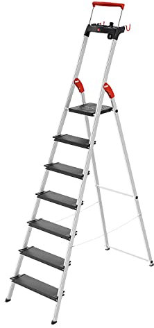 Hailo Stehleiter TopLine, 7 XXL-Sicherheits-Stufen bis 150kg, Aluminium Leiter mit ausziehbarem Haltebügel & Plattformverriegelung, klappbare Aluleiter, Schwarz, aktuelles Modell L100, made in Germany
