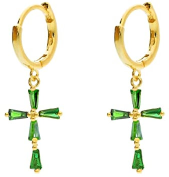 Daesar Damen Ohrhänger Silber 925, Hochzeit Ohrringe Hängend Kreuz mit Grün Zirkonia Modeschmuck Ohrringe Gold Nickelfrei für Frauen