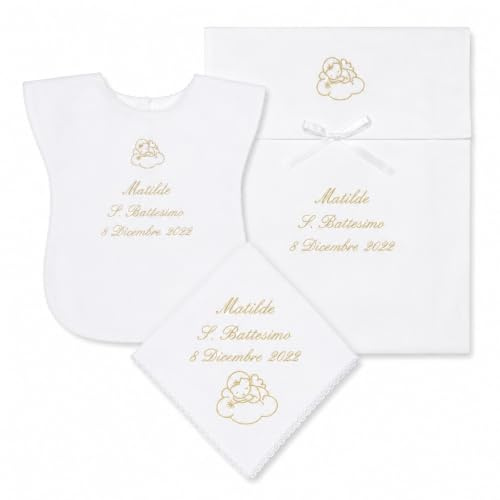 Coccole - Set 3 Pezzi per Battesimo Fazzoletto, Vestina e Busta - Set Completo Personalizzato con Nome e Data a Tema Angioletto Oro - Kit 3 Pezzi Battesimo in Tessuto Piquet 100% Made in Italy