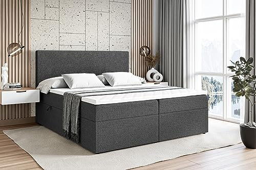 ALTDECOR Boxspringbett mit H3-Matratze (20 cm hoch) mit Bonellfederung + PUR, Topper (4 cm hoch), Polsterbett mit Kopfteil und Bettkasten - LUKI - 180x200 - Dunkelgrau Inari 96
