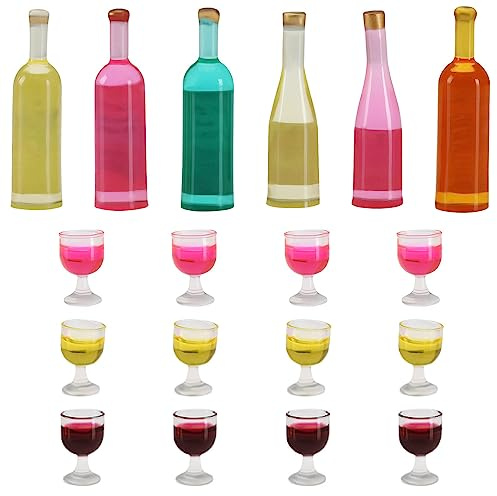 VGOL Lot de 6 Bouteilles de vin Miniatures pour Maison de poupée et 12 Tasses à Champagne à l'échelle 1:12, Mini Bouteilles en résine, Verres à vin, Simulation de Cuisine, Jouet de Simulation