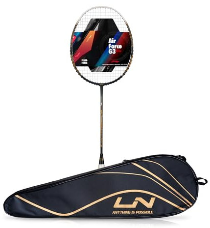 Li-ning Air-Force 77 G3 - Racchetta da badminton con corda in fibra di carbonio con copertura completa, 77 g, grigio scuro, bianco, oro