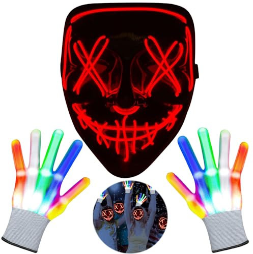 Mecctuck Halloween Masken, LED Handschuhe, Blinkende Handschuhe, LED Leuchtspielzeug, Halloween Gruselige Monster Horror Maske, Blinkende LED Handschuhe für Halloween Raves Party Clubs Partygeschenke