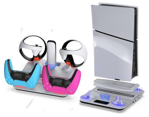 LiLiTok Vertical Lüfter Stander für PS5 Slim Stand, Ladestation für PS5 Slim VR2 Grip Ladegerät mit Headset Hänger, FPS5 Kühlung Lüfter mit Ladeadapter Zubehör