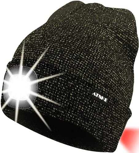 ATNKE 8LED beleuchtete Strickmütze, wiederaufladbare USB-Scheinwerferkappe mit extrem Heller, wasserdichter Lampe und Blinkender Alarm Rotes Rücklicht Multi-Color/Blended Black Goldwire