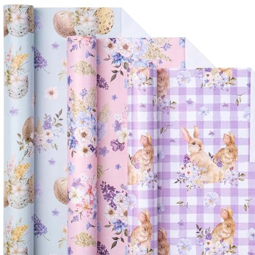 LeZakaa Oster-Geschenkpapierrolle – Mini-Rolle – Osterei/Hase/Blumen-Design für Geschenkverpackung, Basteln – 43,2 x 304,8 cm – 3 Rollen (42,5 sq.ft.ttl.)