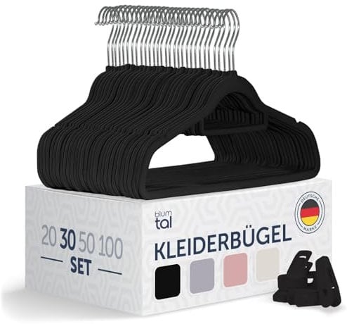 Blumtal Samt Kleiderbügel 30 Stück mit Clips - 360° Drehbar, Robust und Rutschfest - Platzsparende Hosenbügel mit Klammern in Schwarz