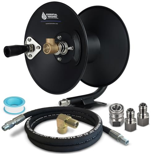 ESSENTIAL WASHER Pressure Washer Hose Reel 50 FT Kit | 4000 PSI Power Washer Hose Reel | Made For 3/8 Hose | Comes With Additional Accessories | (Assembly Required)
