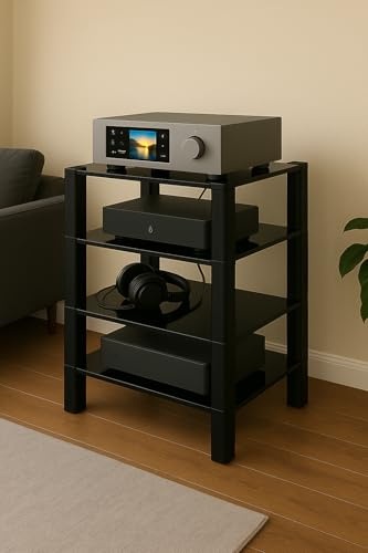 SONOROUS RX5040-NN HiFi Rack mit 4 Glasböden aus schwarzem Sicherheitsglas, Audio Möbel für Verstärker und HiFi Geräte, Bis 40 kg pro Boden, Mit Rollen