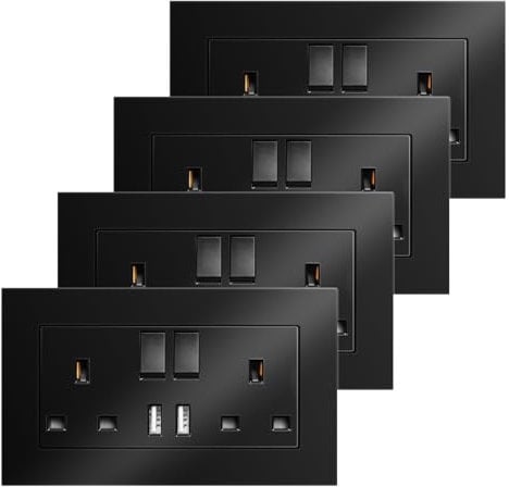 4 Pack Double Switched Power Socket with 2 USB A Fast Charging Ports, Wall Sockets UK Standard, Electric Power Sockets 2 Gang 13 Amp, Black