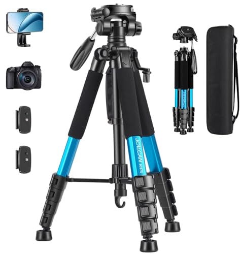 JOILCAN Trípode Cámara, 187cm Tripode para Movil con Soprtre de Teléfono Movil, Tripod de Aluminio con Cabezal Giratorio de 360 Grados, Ligero Trípode para Canon Nikon Sony, Carga hasta 5kg, Azul