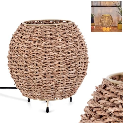 Tischleuchte Malpica, Tischlampe aus Metall/Seegras in Beige/Naturfarben, Leuchte im Boho-Design mit Schirm aus Rattan (Ø 16 cm) u. An/-Auschalter am Kabel, Höhe 16,5 cm, 1 x E14, ohne Leuchtmittel