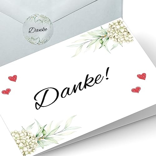 Laurea Verde 15 Dankeskarten Hochzeit Konfirmation mit Umschlägen und Danke-Stickern | Klapp-Karten DIN A6 10,5 x 14,8 cm im Boho-Design Hortensie