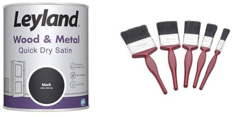 Leyland Wood & Metal Quick Dry Satin, Black, 750ml & Fit For The Job 5 pc Mixed Sizes Paint Brush Set for a Smooth Finish with Emulsion, Gloss