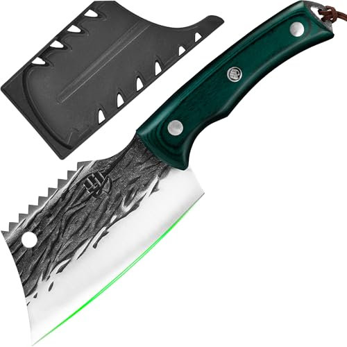 FULLHI Cuchillo de Carnicero con Vaina, Cuchillo Filetero Full Tang Acero Alto Carbono Cuchillo de Cocina Mango de Madera Cuchillo de Pescado para Cocinar, Camping (Verde)