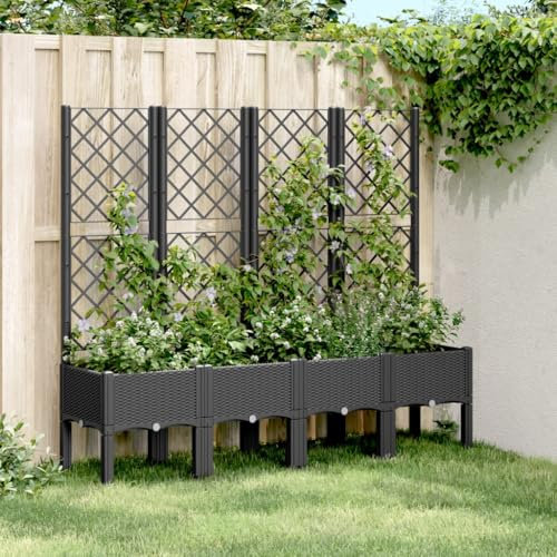 qohoio Jardinière avec Treillis Noir 160x40x142 cm PP Jardiniere sur Pieds,Bac avec Treillis,Jardiniere Terrasse