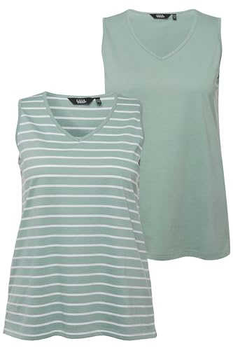 Ulla Popken Damen große Größen Übergrößen Plus Size Top, 2er-Pack, Ringel/Uni, V-Ausschnitt, ärmellos helles moosgrün 46+ 792183182-46+