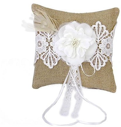 SHOWERORO Ringkissen zur Hochzeit 20 x 20 cm Jute-Ringkissen mit Schleife und Satinbändern