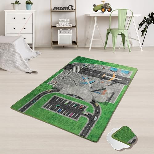 Bosdela Kinderteppich - und Babyteppiche – Vielfältige Designvariationen, waschbar, rutschfest, weich, ideal für Kinderzimmer & Spielzimmer 100x160 cm Flughafen Motiv