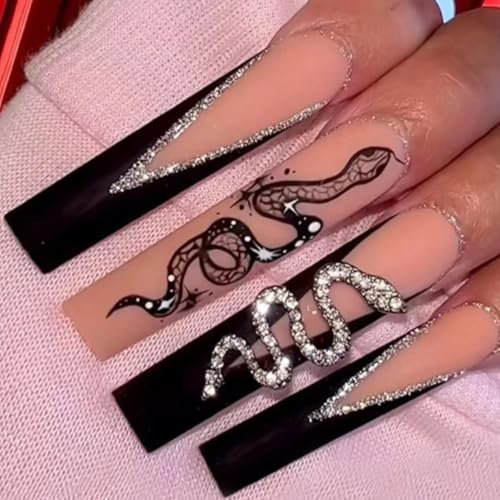 TRENTSNOOK 24pcs Acrylic Press on nails Long Square Head Fake Nails Black French False Nail Tips with Snake Charms Design Extra Long French Tip