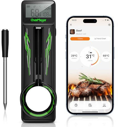 Termometro per carne wireless, display LED intelligente e app, Bluetooth 5.4 termometro digitale per carne a lungo raggio, termometro da cucina per grill, forno, barbecue, padella