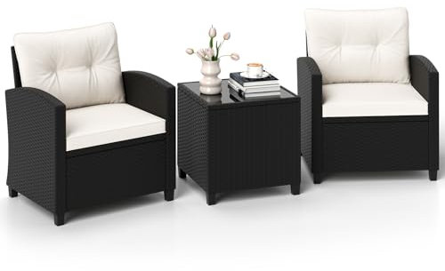 LIFEZEAL Gartenmöbel 3er Set, 2 Rattanstühle & Gartentisch aus PE-Rattan, Sofas & Couchtisch aus gehärtetem Glas, Sitzgruppe mit abnehmbaren Kissen für den Terrassen, Balkon, Garten (Weiß+Schwarz)