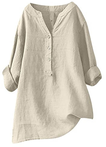 Blusen Tuniken für Damen Leinen Langarmshirt Musselin Bluse Casual Oberteile Große Größen Tops Elegante Blusenshirt Lang Tunika Shirt V Ausschnitt Freizeithemd Mode Longbluse Oversized Longbluse