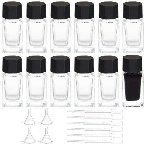 BENECREAT 12Pcs Heavy Duty Glass Ink Jars, 18ml Glass Bottles with Black Plastic Caps, 6Pcs Droppers, 4Pcs Plastic Funnels for Ink Liquid