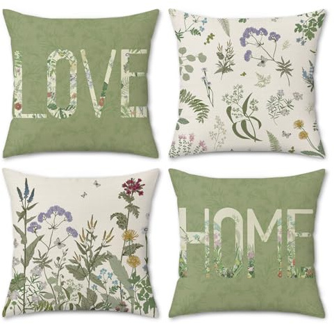 COZZSNUGE Housses de Coussin Fleurs Jardin Plantes Floral Sauvages Ferme Vert Polyester Taies d’Oreiller Décoratives pour Canapé Lit Maison Jardin Extérieur 45 x 45 cm 4 Pièces