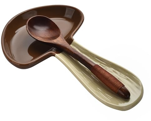Fun Ceramic Spoon Rest for Stove Top,Cute Mushroom Shape Spoon Holder for Kitchen Countertop,Cooking Kitchen Spoon Rest Utensil Rest Spatula for Decor Housewarmings Christmas Gift (Brown)