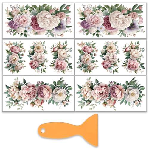 OLYCRAFT 6 Stück/Set Blühende Blumen Transferfolien Zum Aufreiben Für Möbel Und Bastelarbeiten 15x30cm Rosen Und Pfingstrosen Möbelaufkleber Transferaufkleber Zum Aufreiben Mit 1 Teiligem Schaber