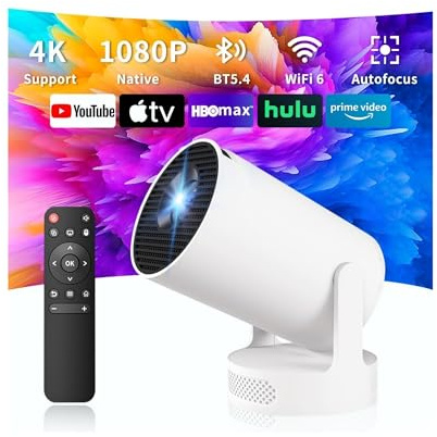 AILRINNI Proyector 4K, WiFi 6 y Bluetooth 5.4, 5W Altavoz Hi-Fi Externo, Mini Proyector Portátil, 180° Rotación, Corrección Trapezoidal Automática, Compatible con HD-MI/TV Stick/Memory Stick/Phone