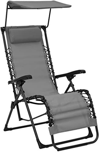 QUAHEAS Liegestuhl Klappbar Textilene Grau, Verstellbarer Gartenstuhl mit Sonnendach, Robuster Pool Lounge Chair für Outdoor & Indoor, Wetterfestes Design, Faltbarer Strandliegestuhl