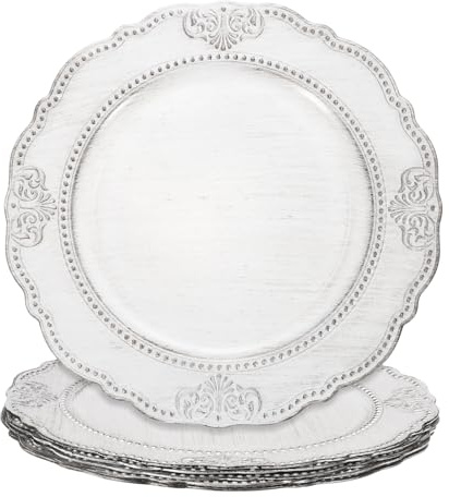 QUARKZMAN 6 Pezzi Sottopiatti Vintage All'Ingrosso, 13 Pollici Sottopiatti Decorativi In Plastica Con Perline Per Set Di Piatti Da Pranzo Per Tavola Per Matrimoni Eventi Feste, Bianco