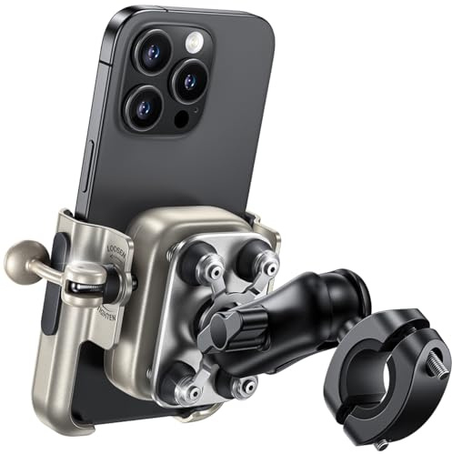 Lamicall Motorbike Phone Holder, [All-Metal] Motorcycle Phone Mount Gold | [Dual Anti-Shock] Anti-Theft Bike Moblie Phone Holder with Extension Arm, Camera Friendly for iPhone 17/16, 4.7-7.2 Phones