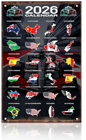 Blechschilder Retro für F1-Fans, 2026 Rennplan Blechschild mit Nationalem Muster und Veranstaltungsort, F1-Thema Schild für Wohnzimmer, Schlafzimmer, Büro, Lustiges Geschenk autoliebhaber